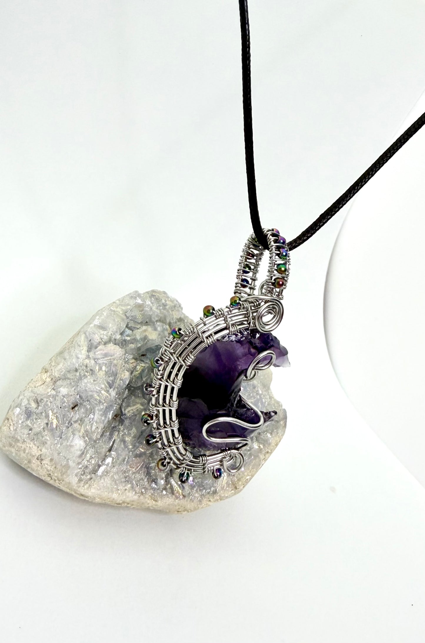 Purple Amethyst Crescent Moon Wire Wrapped Pendant - Stainless Steel Wire