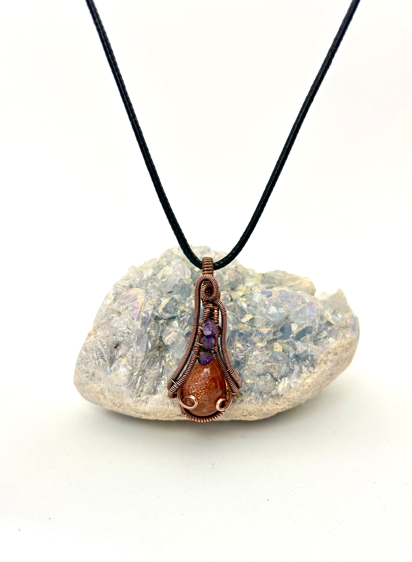 Sunbeam & Starlight – Copper Wire Wrapped Goldstone + Amethyst Pendant