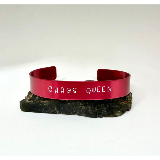 Chaos Queen Red Aluminum Cuff Bracelet — Bold Hand Stamped Statement Jewelry