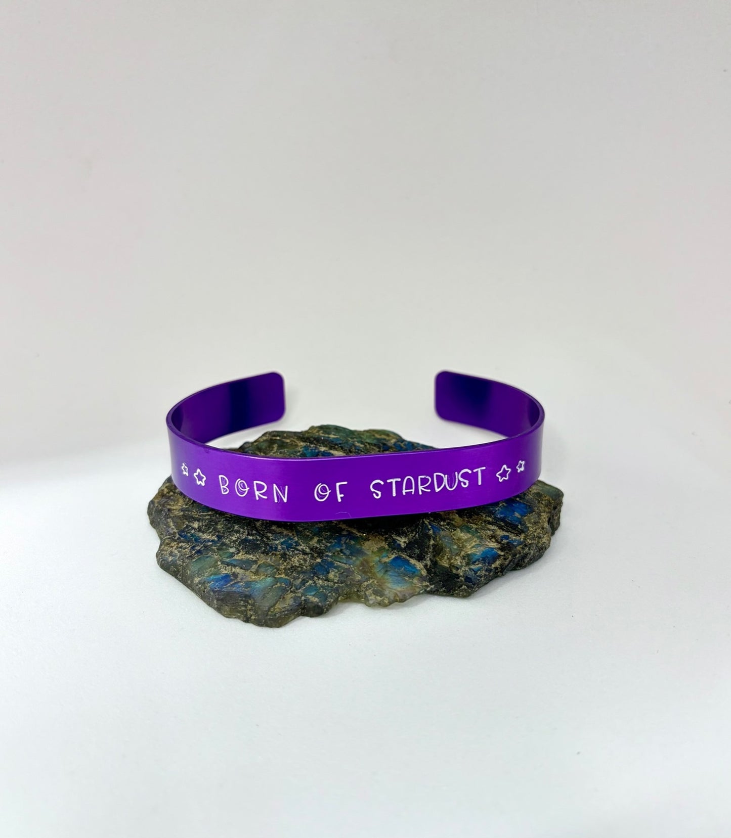 Born of Stardust Cuff Bracelet – Purple Hand Stamped Aluminum Bracelet for Cosmic Souls