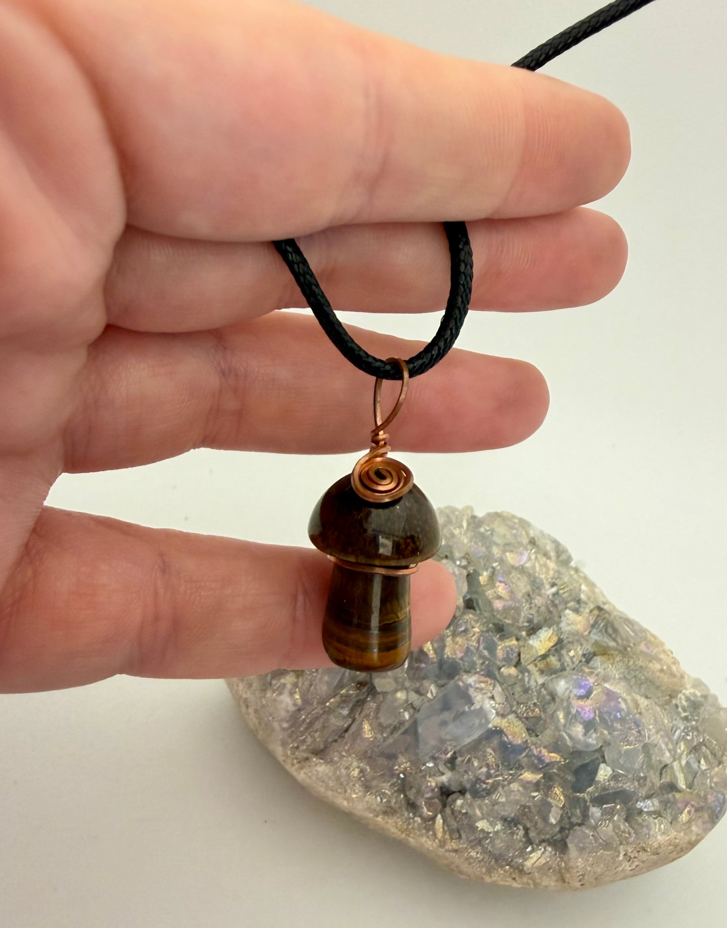 Tiger’s Eye Mushroom Pendant | Copper Wire Wrapped Crystal Necklace