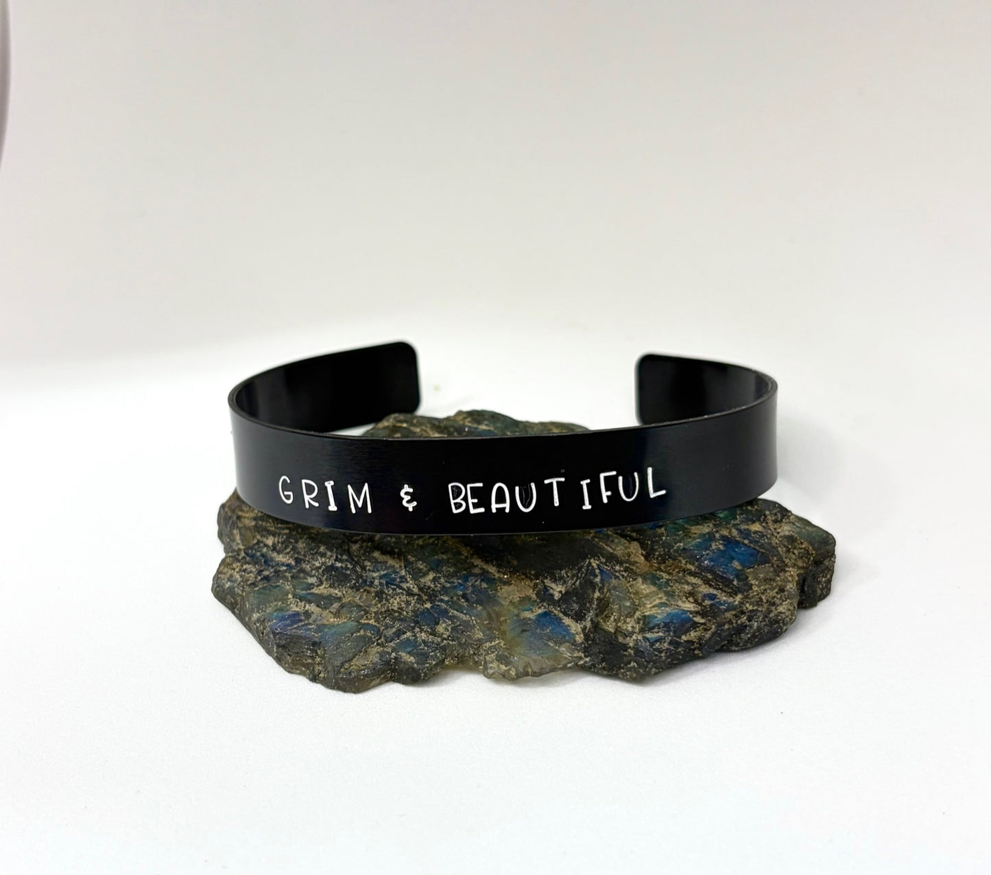 Grim & Beautiful Black Cuff Bracelet – Hand Stamped Gothic Bracelet for Alternative Style