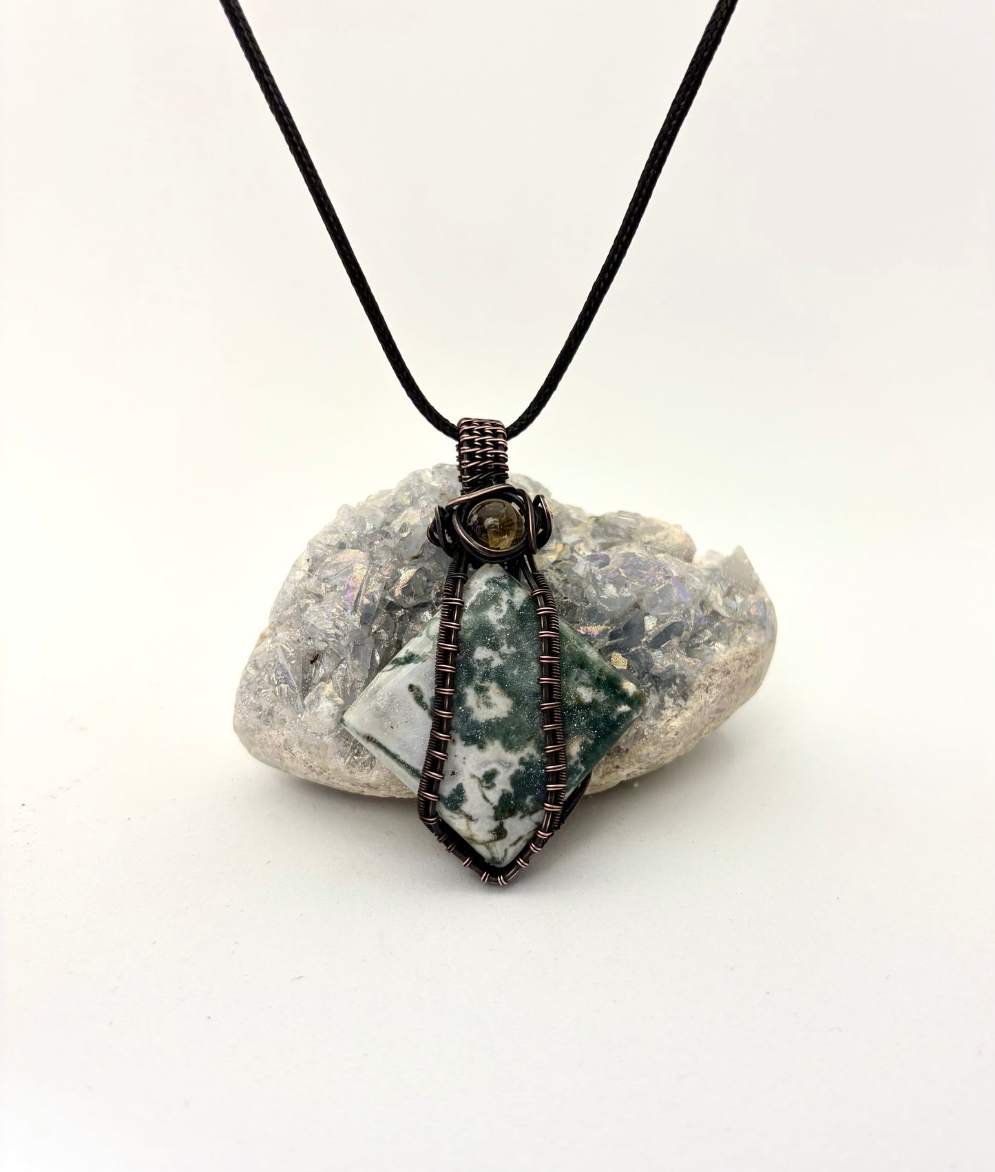 Moss Agate & Citrine Wire Wrapped Pendant | Handmade Copper Necklace