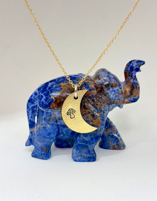 Hand Stamped Crescent Moon Necklace – Mushroom Stamp – Gold Tone Moon Pendant