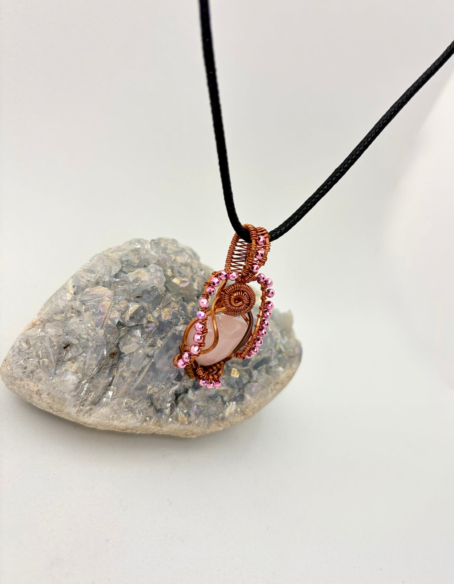 Wire Wrapped Rose Quartz Heart Necklace, Copper Wire