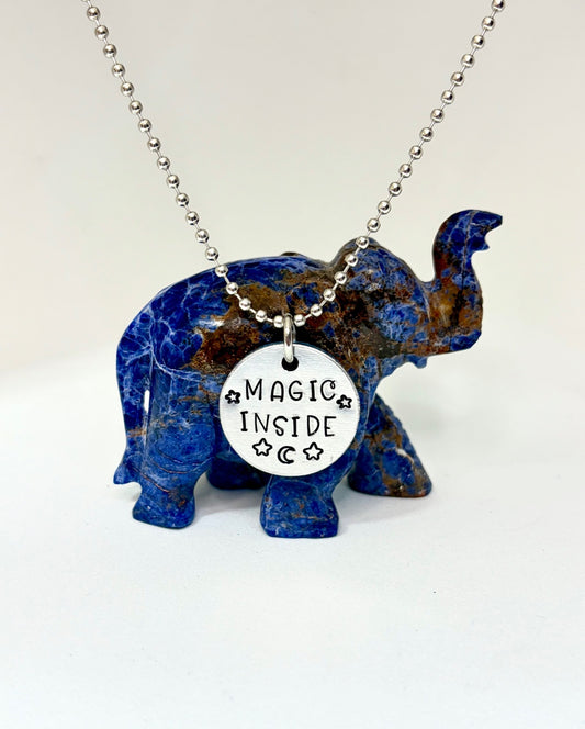 Magic Inside Celestial Necklace – Hand-Stamped Aluminum Pendant with Stars & Moon