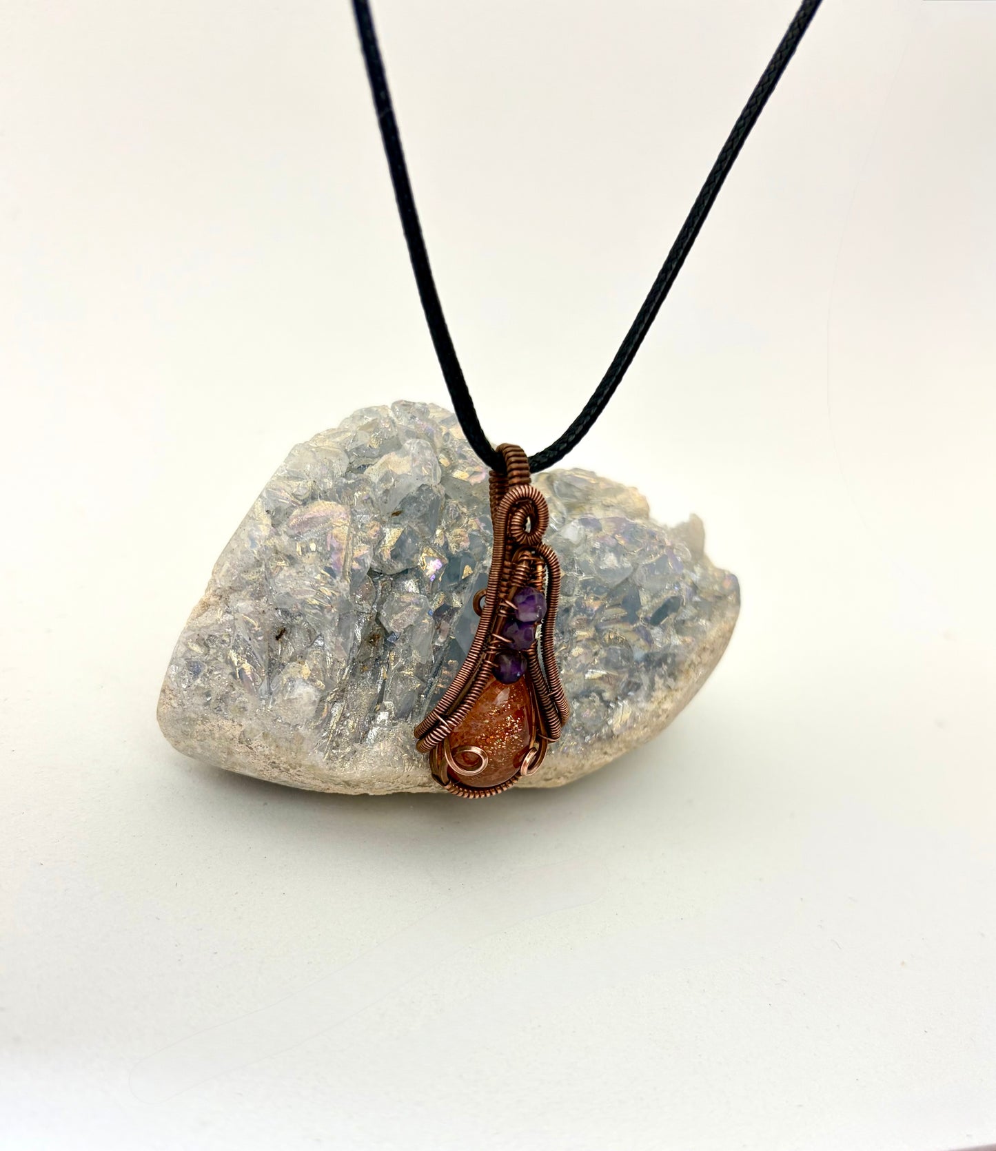 Sunbeam & Starlight – Copper Wire Wrapped Goldstone + Amethyst Pendant