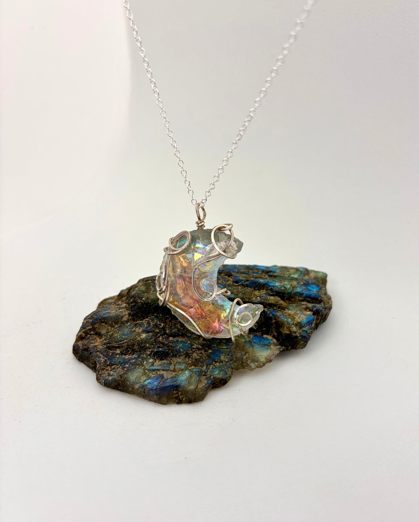 Moonlit Mirage – Sterling Silver Wire Wrapped Aura Quartz Crescent Necklace