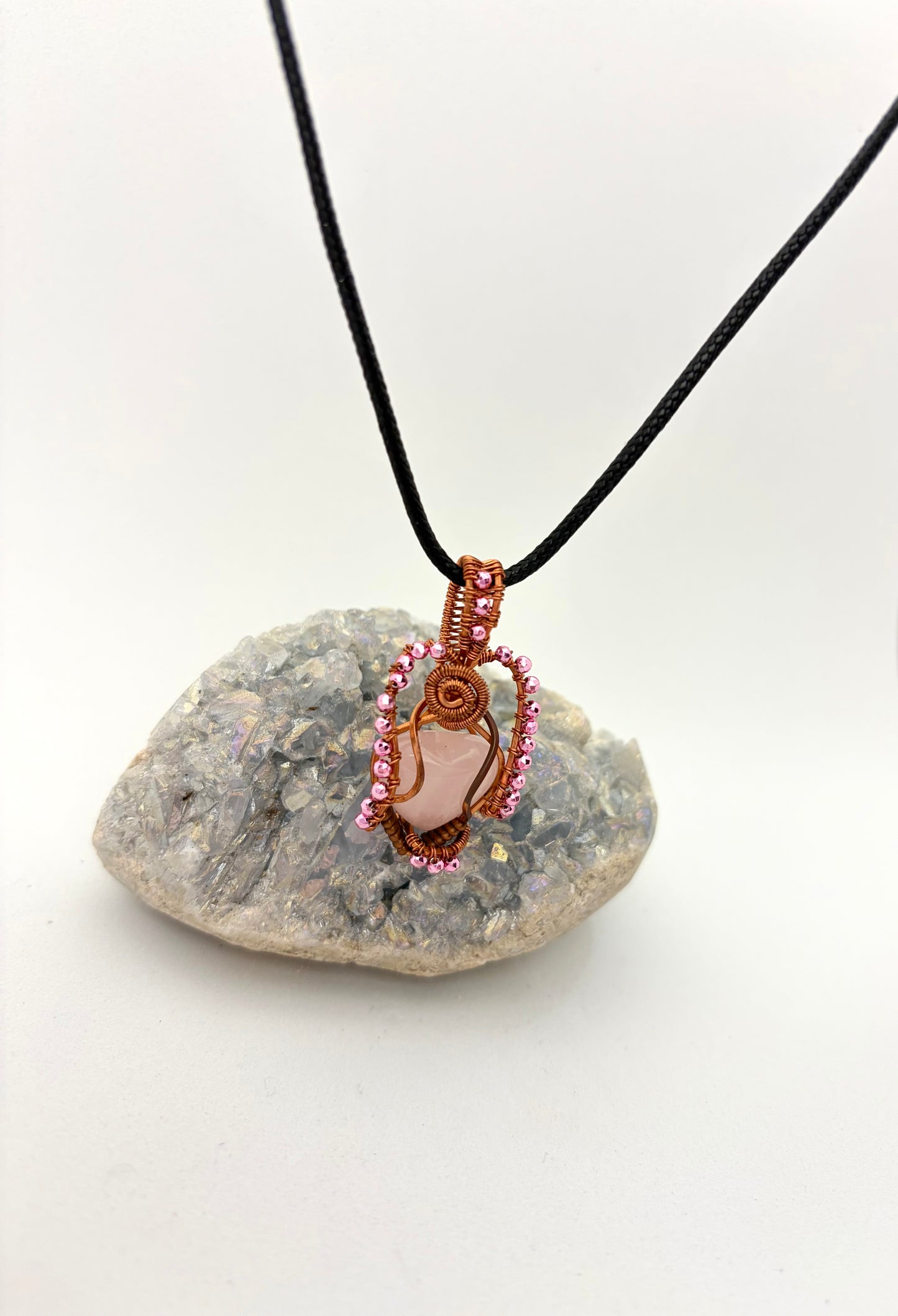 Wire Wrapped Rose Quartz Heart Necklace, Copper Wire