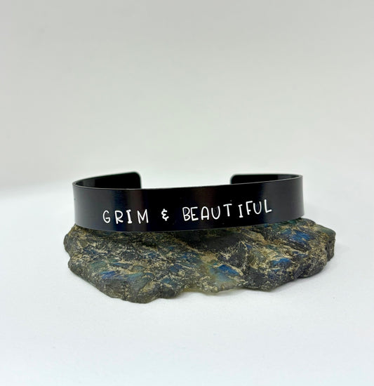 Grim & Beautiful Black Cuff Bracelet – Hand Stamped Gothic Bracelet for Alternative Style