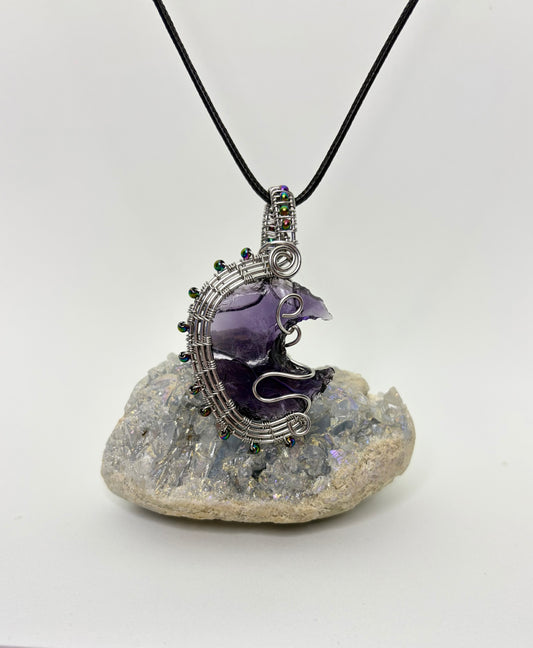 Purple Amethyst Crescent Moon Wire Wrapped Pendant - Stainless Steel Wire