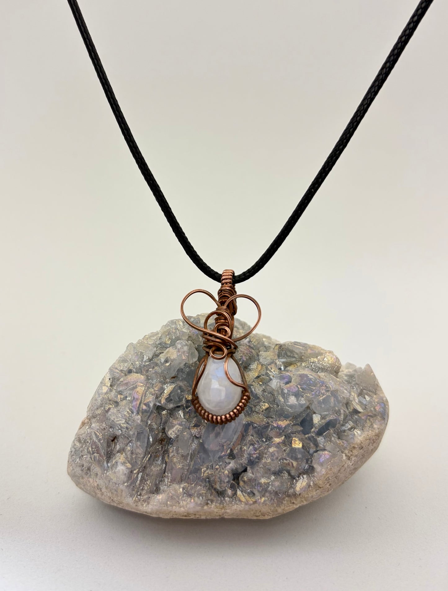 Rainbow Moonstone Wire Wrapped Pendant | Handmade Copper Necklace