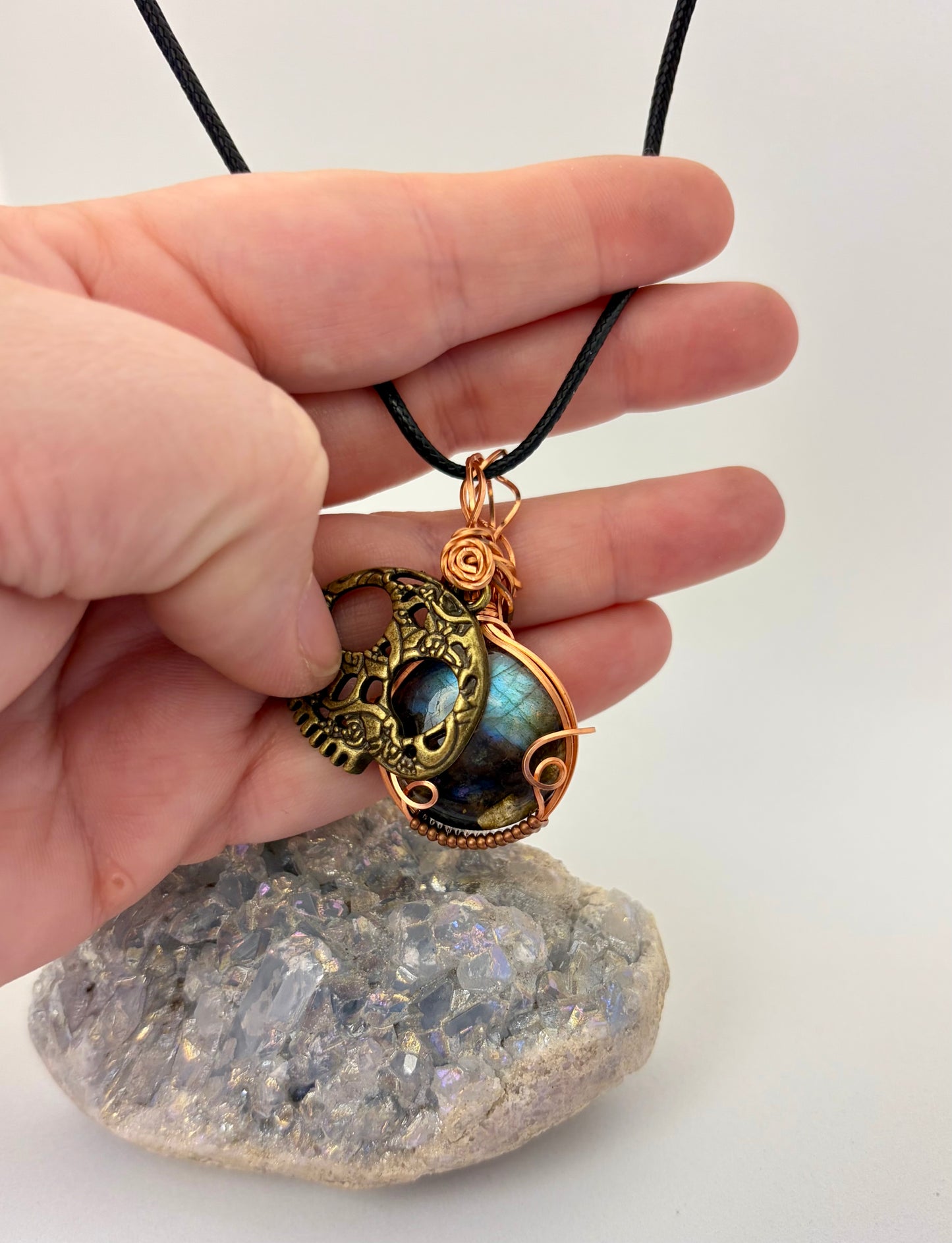 Labradorite Skull Pendant | Copper Wire Wrapped Necklace