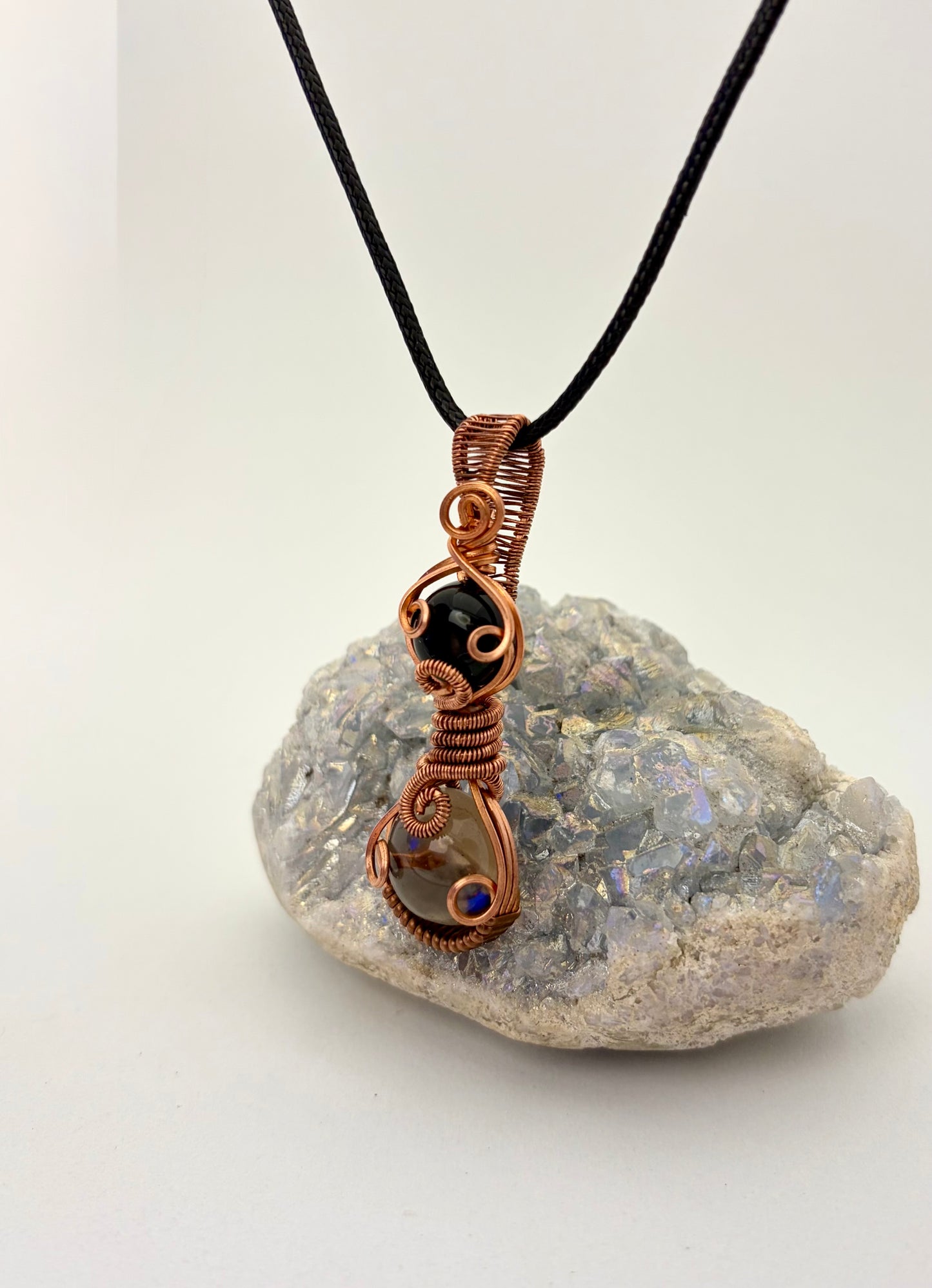 Wire Wrapped Smoky Quartz and Onyx Gemstone Necklace, Copper Wire