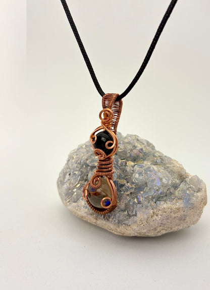 Wire Wrapped Smoky Quartz and Onyx Gemstone Necklace, Copper Wire