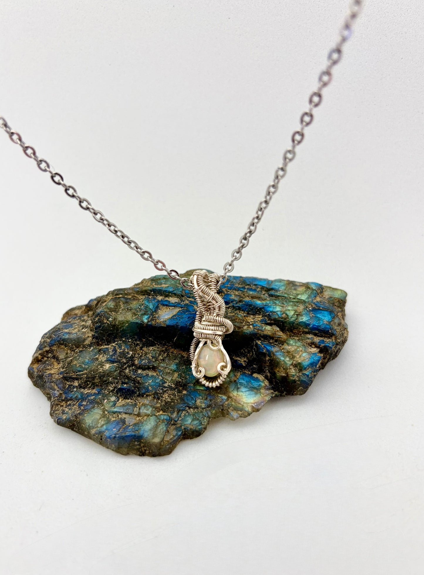 Wire Wrapped Opal Gemstone  Necklace, Sterling Silver Wire