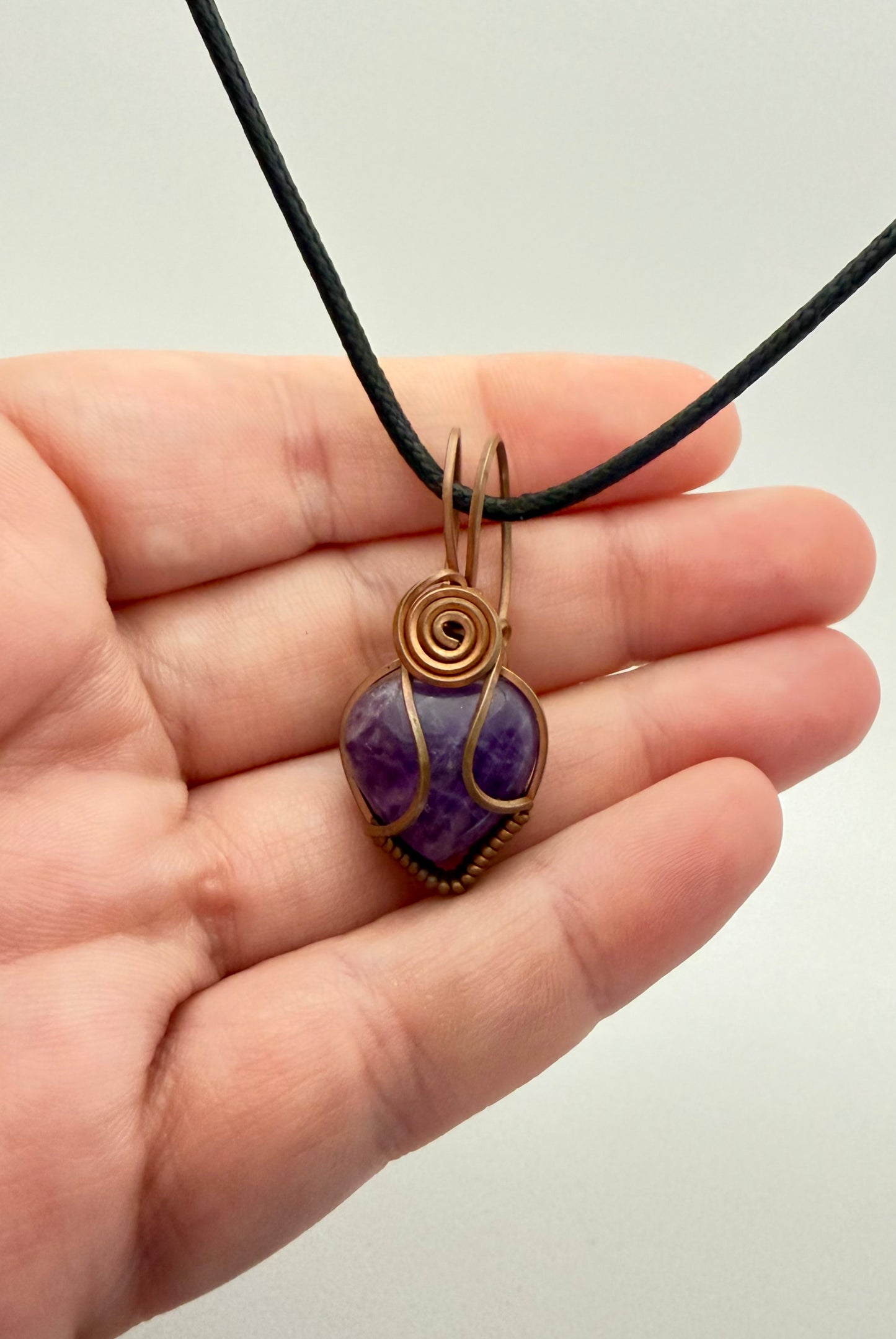 Amethyst Heart Gemstone Wire Wrapped Pendant | Copper & Crystal Necklace