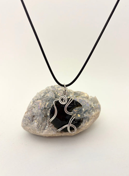 Shadow Spark” – Stainless Steel Wire Wrapped Obsidian Necklace