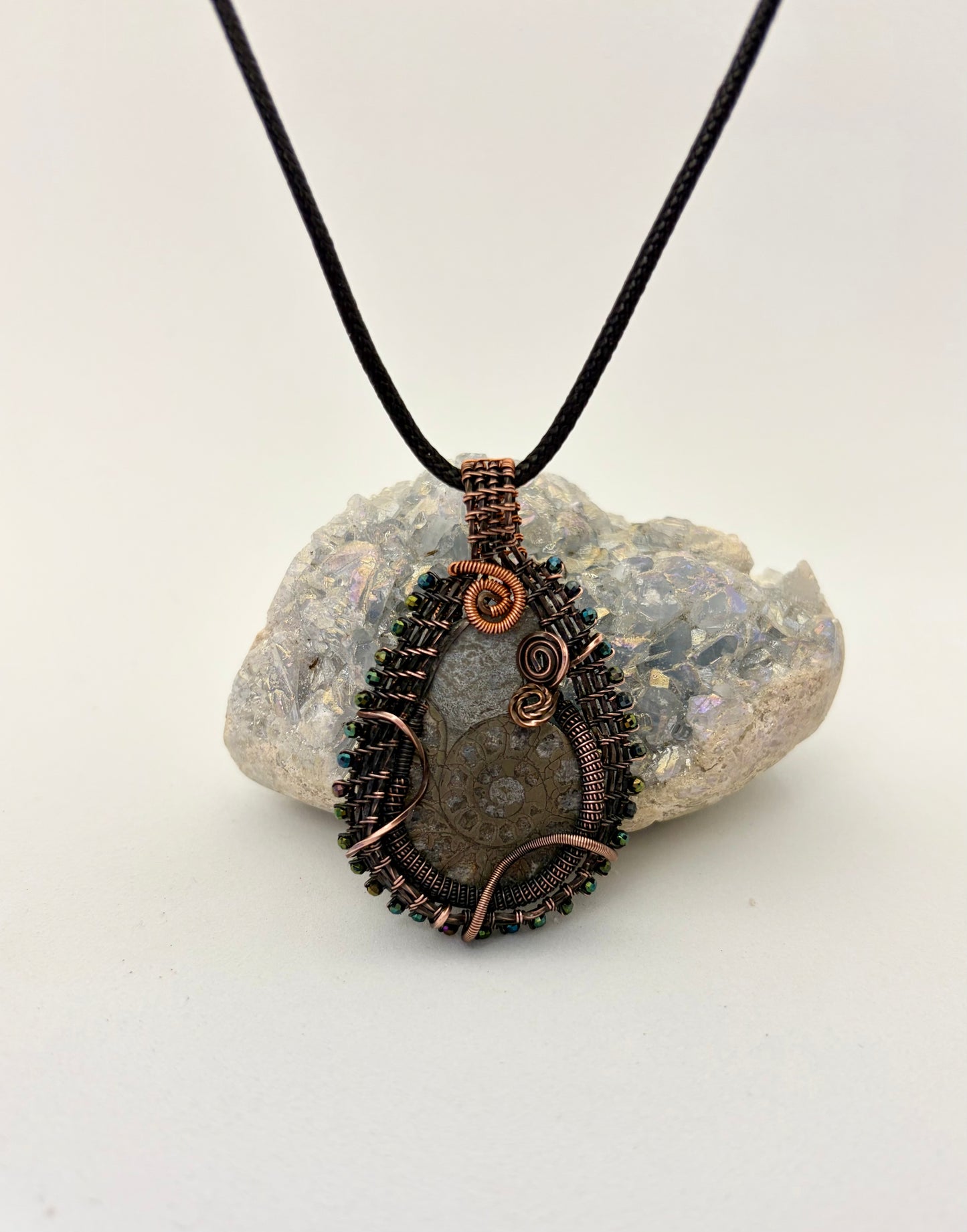 Ammonite Fossil Wire Wrapped Pendant | Copper & Beaded Handmade Necklace