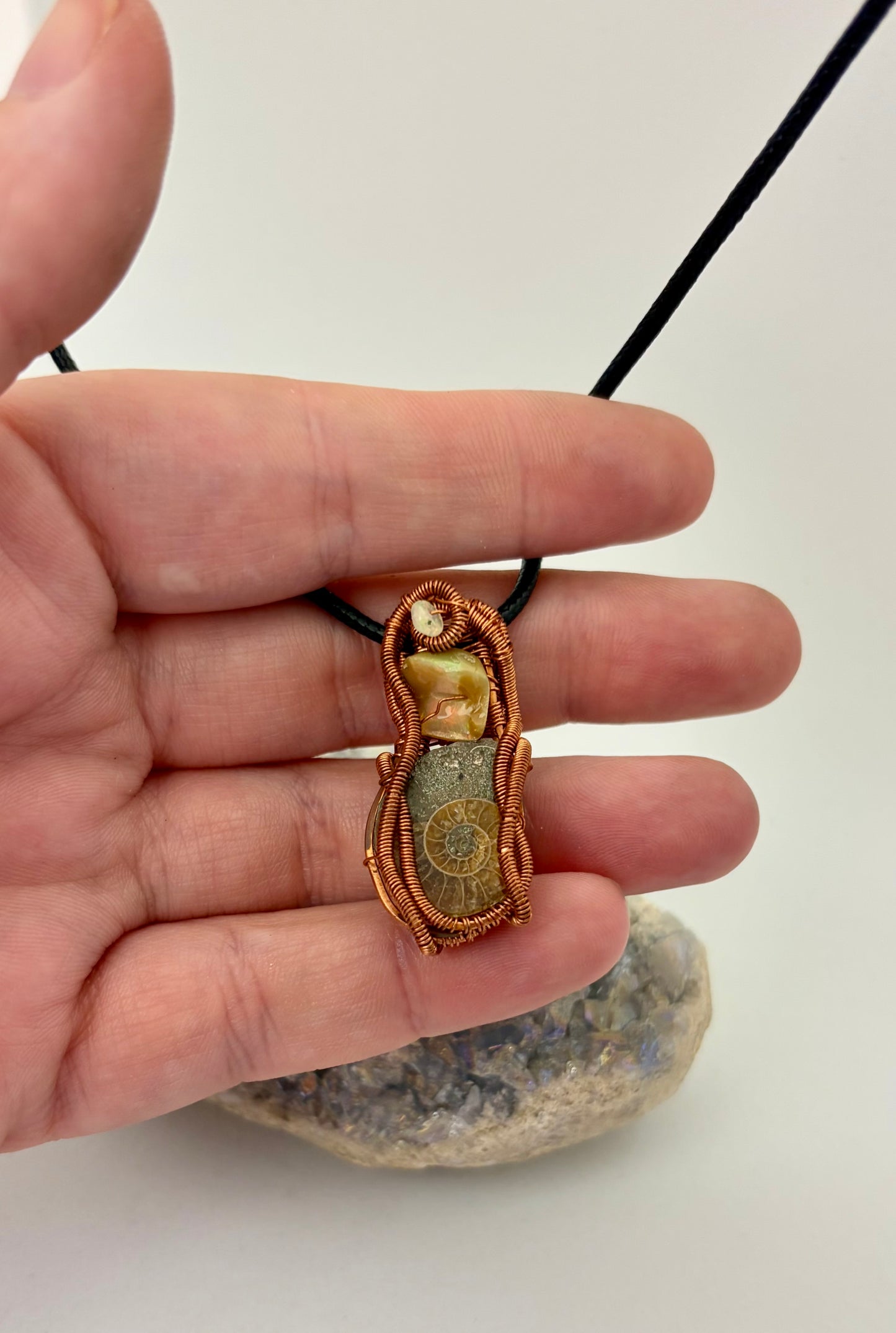 Wire Wrapped Ammonite Fossil with Opal Accents Necklace, Copper Wire