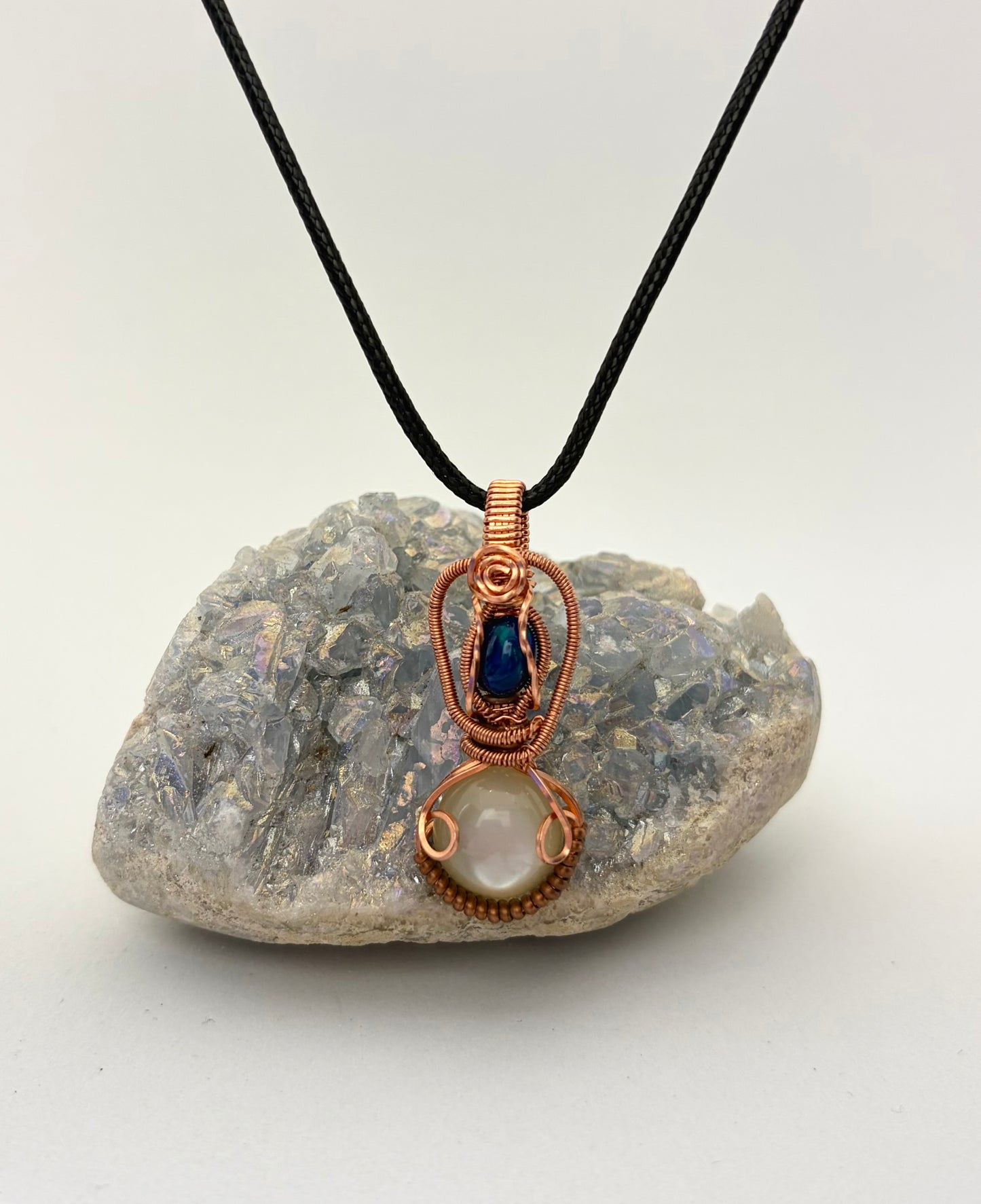 Blue Opal & Moonstone Wire Wrapped Pendant | Handmade Copper Necklace