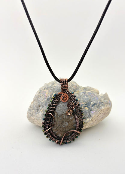 Ammonite Fossil Wire Wrapped Pendant | Copper & Beaded Handmade Necklace
