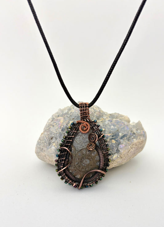 Ammonite Fossil Wire Wrapped Pendant | Copper & Beaded Handmade Necklace