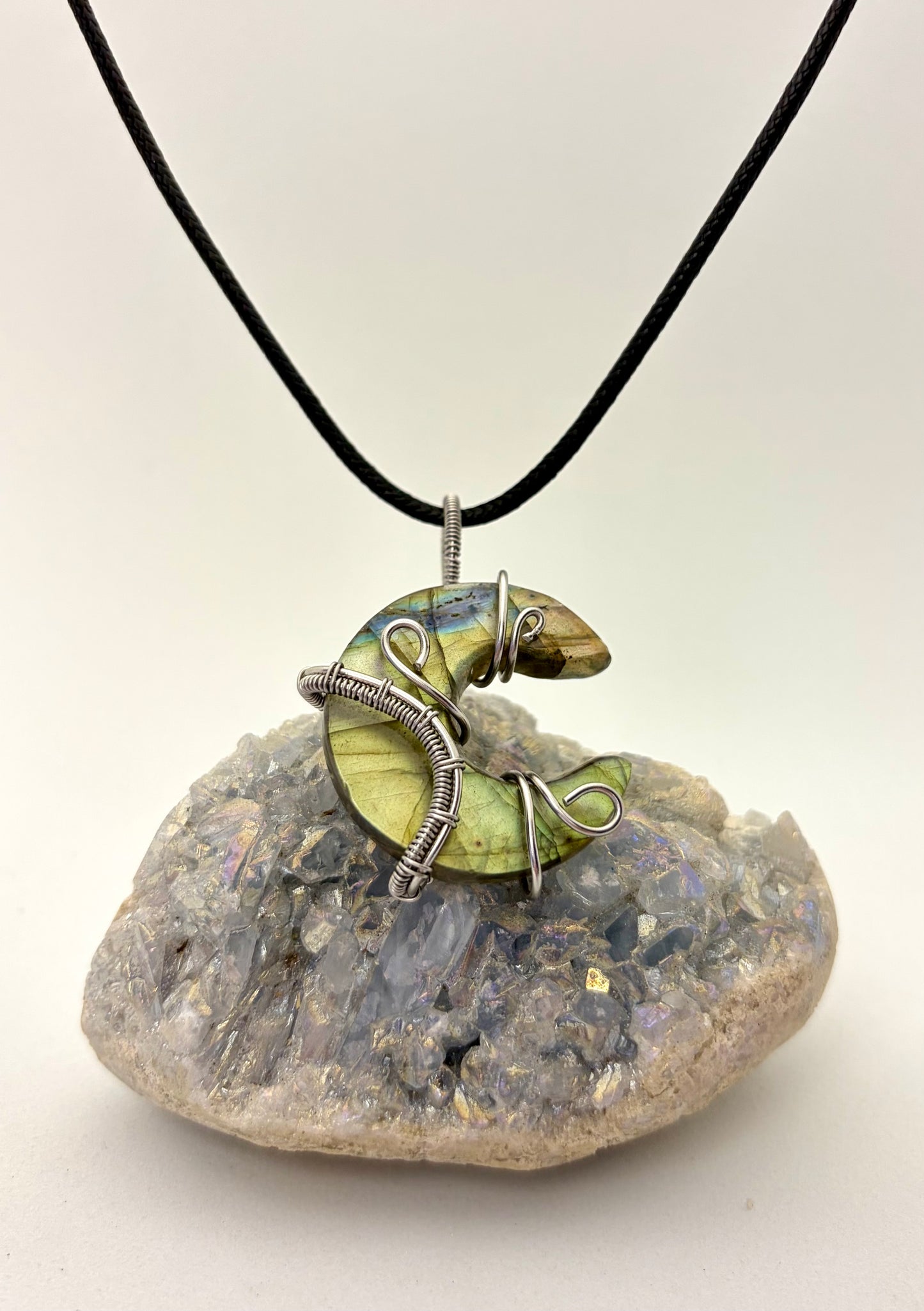 Labradorite Crescent Moon Wire Wrapped Pendant - Stainless Steel Wire