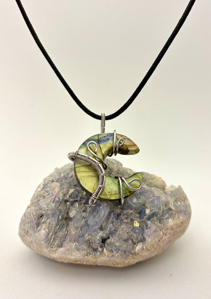 Labradorite Crescent Moon Wire Wrapped Pendant - Stainless Steel Wire