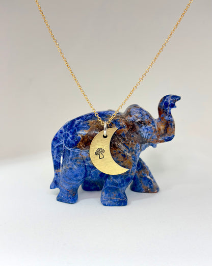 Hand Stamped Crescent Moon Necklace – Mushroom Stamp – Gold Tone Moon Pendant