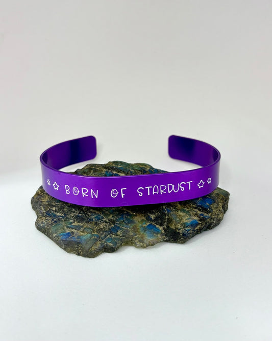 Born of Stardust Cuff Bracelet – Purple Hand Stamped Aluminum Bracelet for Cosmic Souls