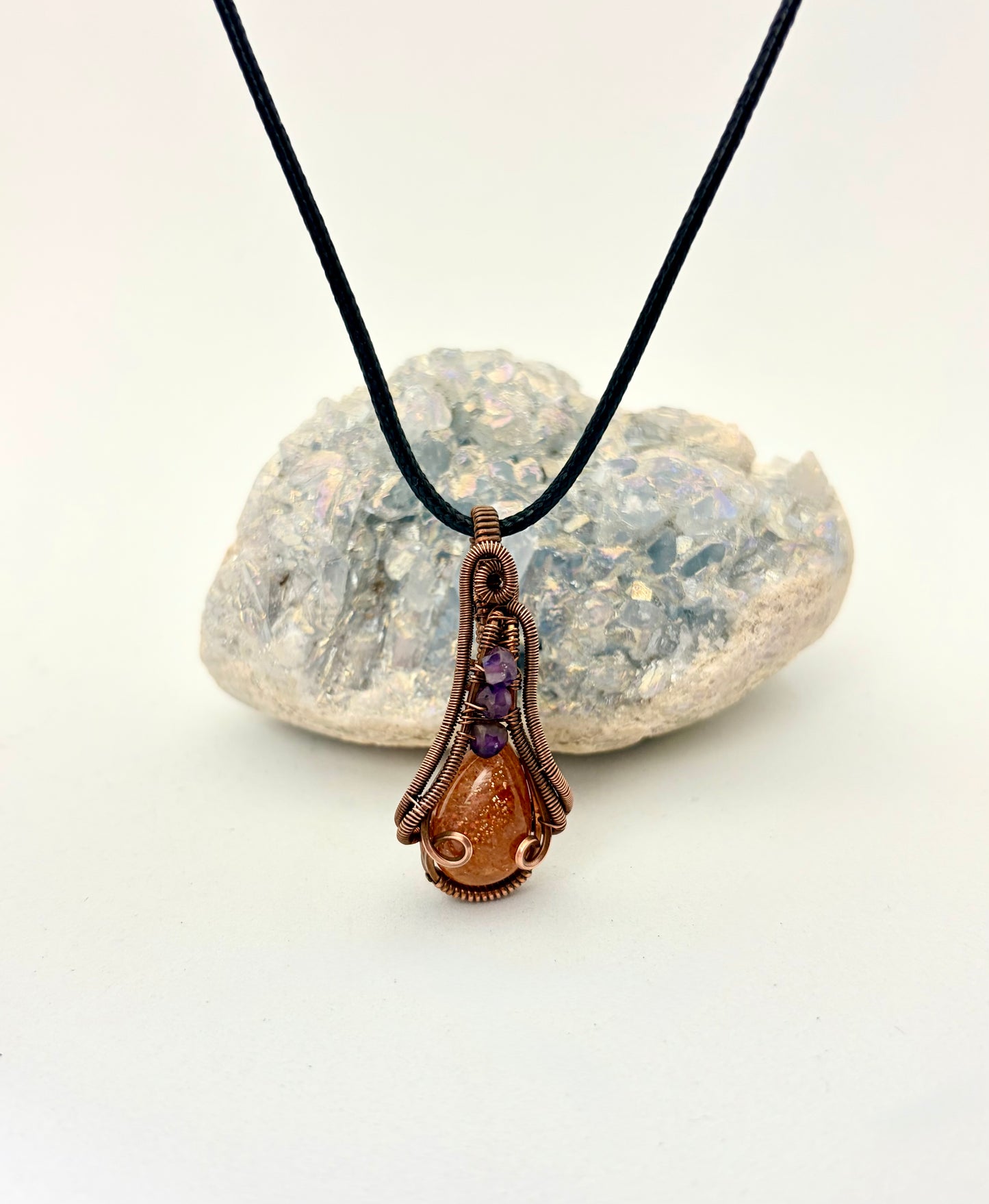 Sunbeam & Starlight – Copper Wire Wrapped Goldstone + Amethyst Pendant
