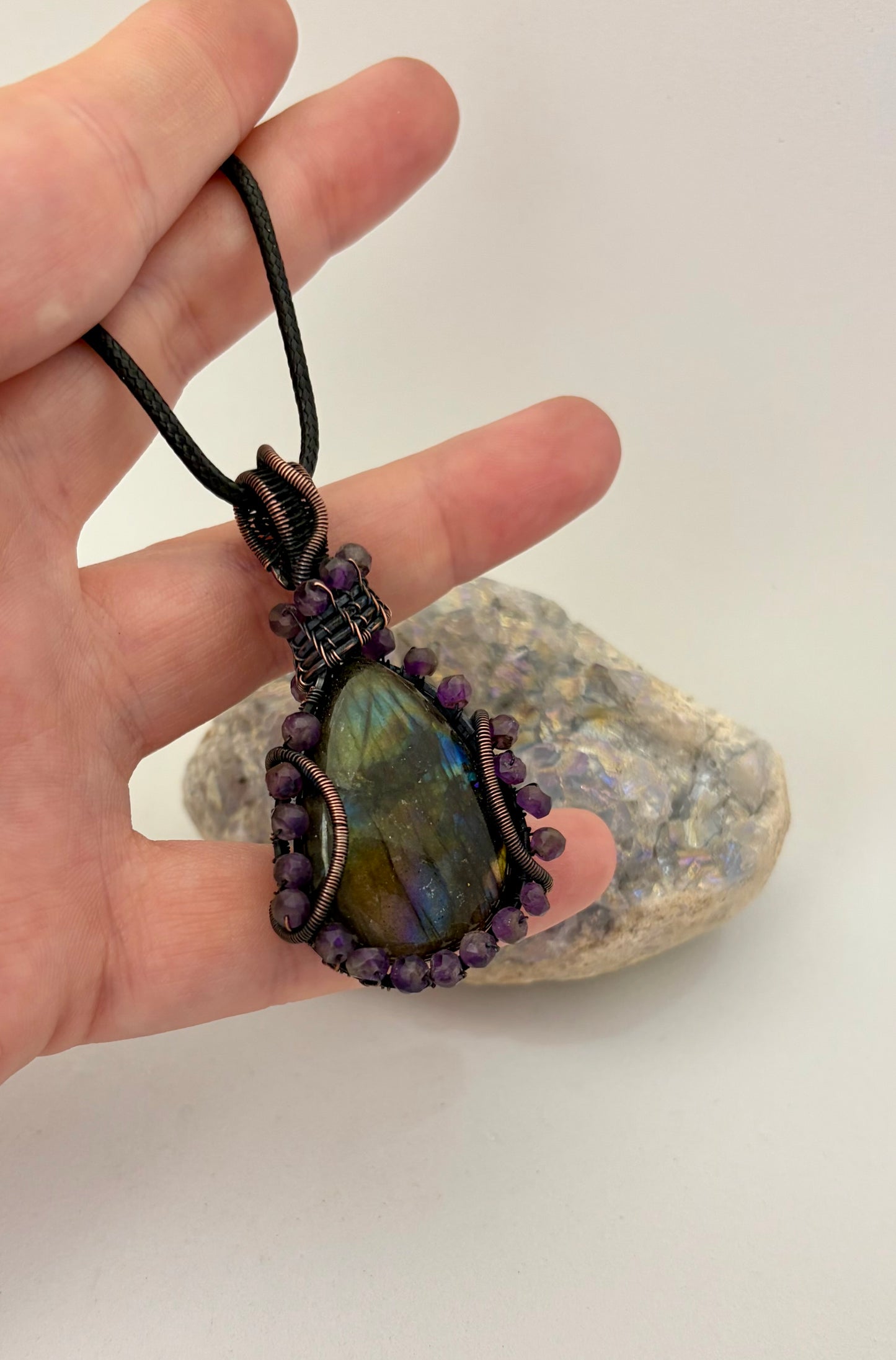 Labradorite & Amethyst Wire Wrapped Pendant | Copper & Crystal Necklace