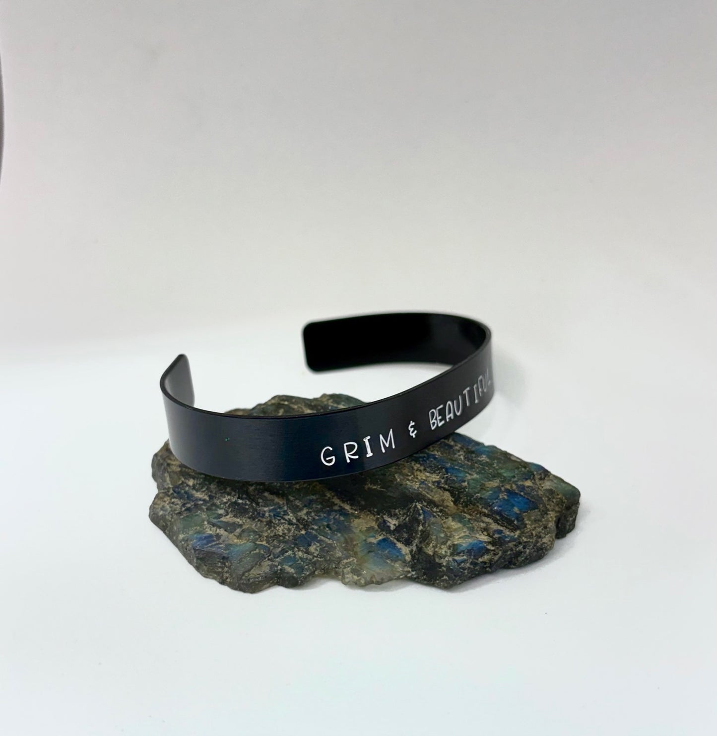 Grim & Beautiful Black Cuff Bracelet – Hand Stamped Gothic Bracelet for Alternative Style