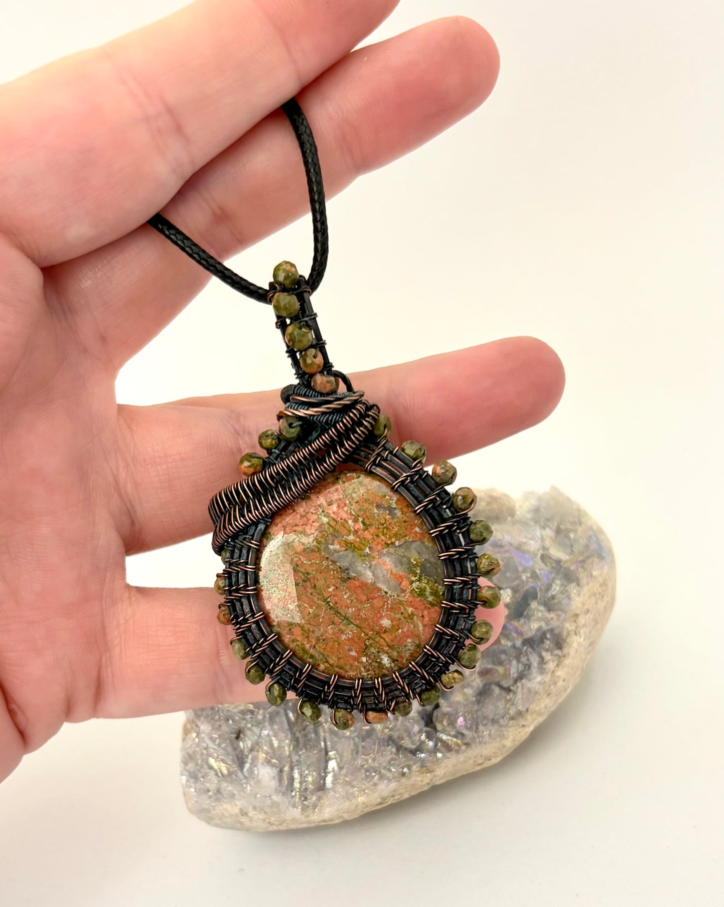 Unakite Jasper Wire Wrapped Pendant | Copper & Beaded Handmade Necklace