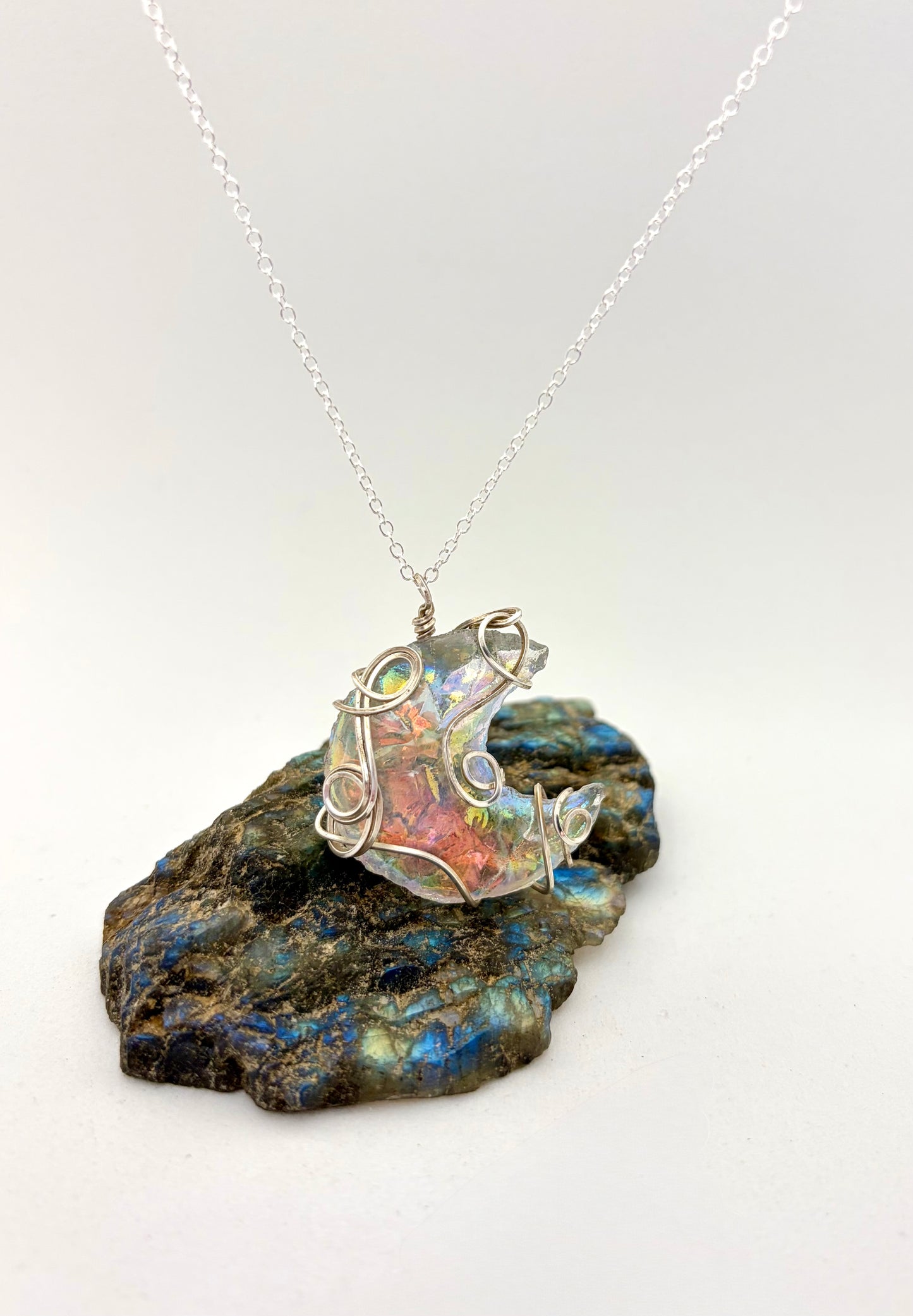 Moonlit Mirage – Sterling Silver Wire Wrapped Aura Quartz Crescent Necklace