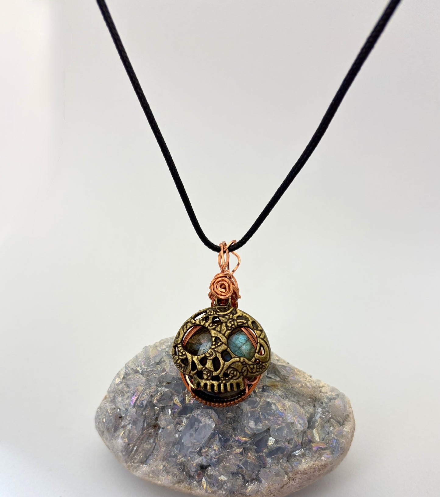 Labradorite Skull Pendant | Copper Wire Wrapped Necklace