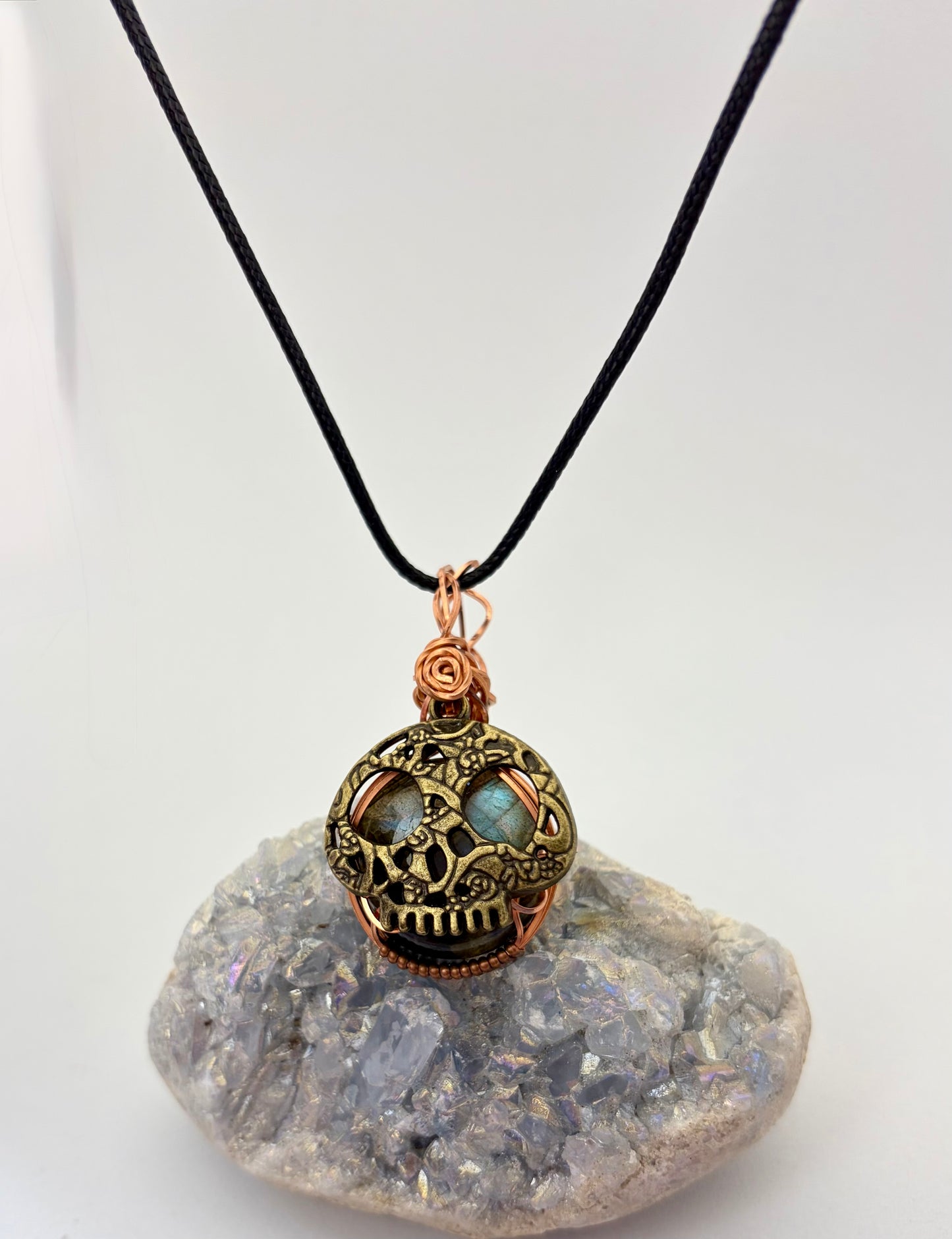 Labradorite Skull Pendant | Copper Wire Wrapped Necklace