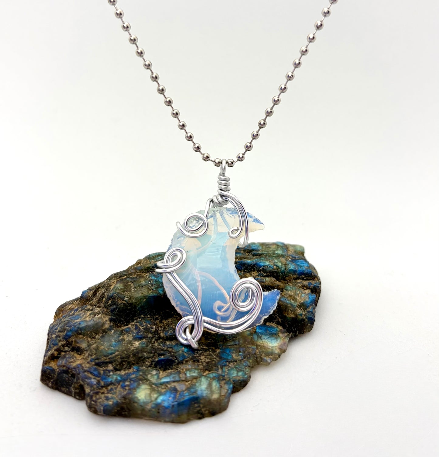 Lunar Glow” – Silver Aluminum Wire Wrapped Opalite Crescent Necklace