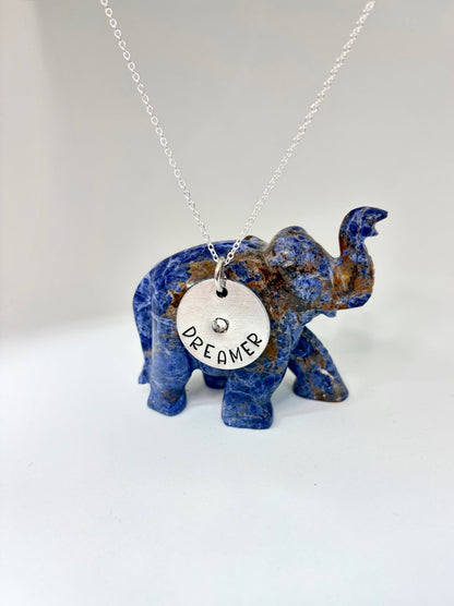 Dreamer Necklace with Crystal Accent – Hand Stamped Aluminum Pendant for Free Spirits