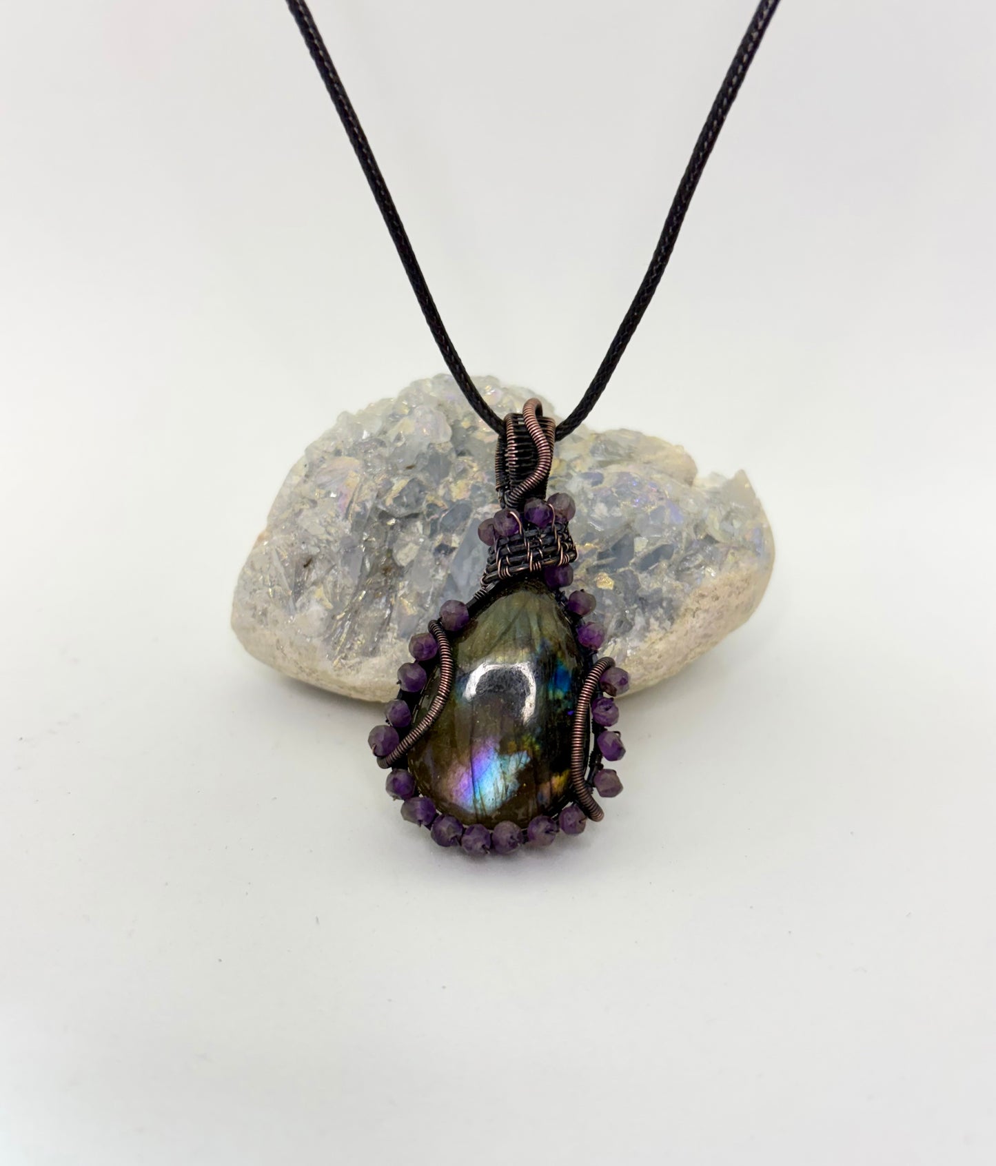 Labradorite & Amethyst Wire Wrapped Pendant | Copper & Crystal Necklace