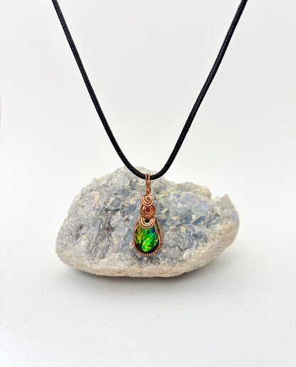 Wire Wrapped Resin Faux Opal Necklace, Copper Wire