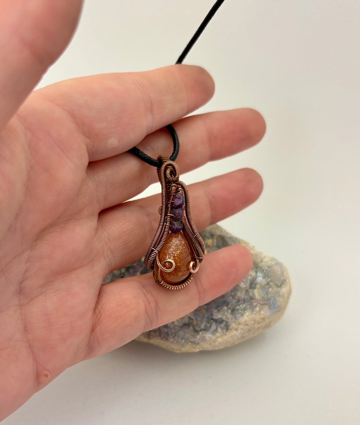 Sunbeam & Starlight – Copper Wire Wrapped Goldstone + Amethyst Pendant
