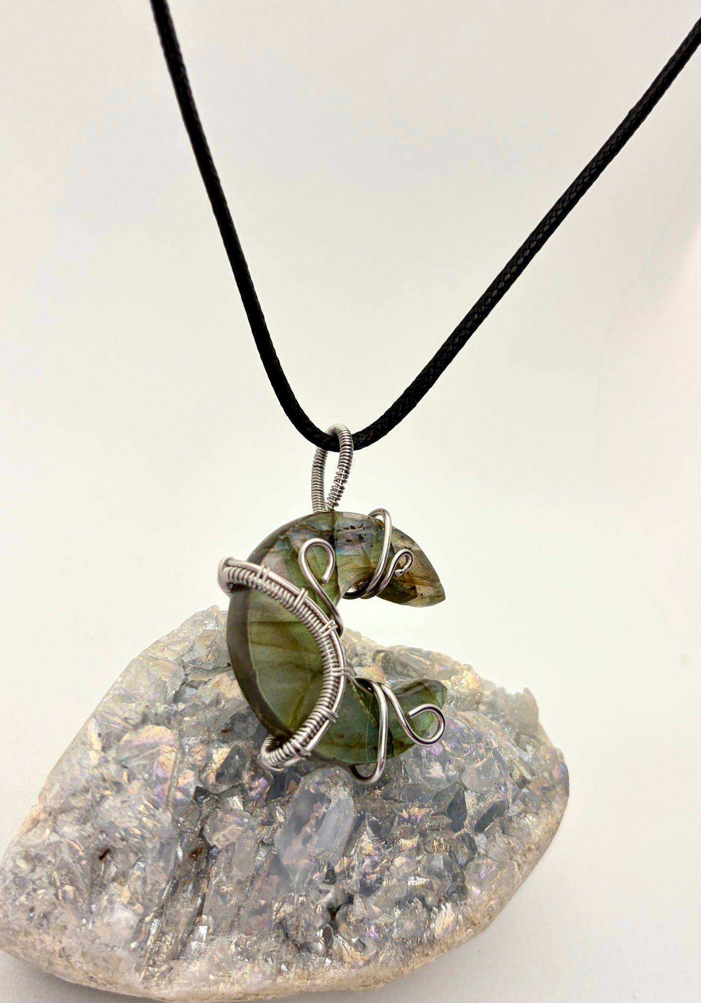 Labradorite Crescent Moon Wire Wrapped Pendant - Stainless Steel Wire