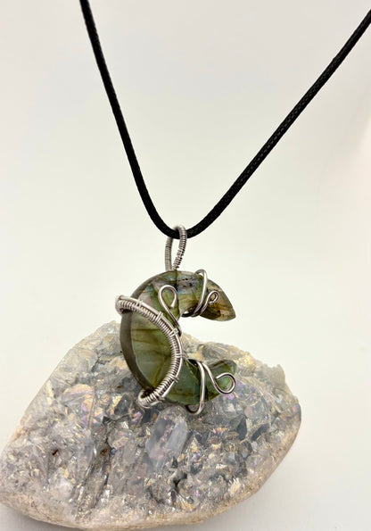 Labradorite Crescent Moon Wire Wrapped Pendant - Stainless Steel Wire