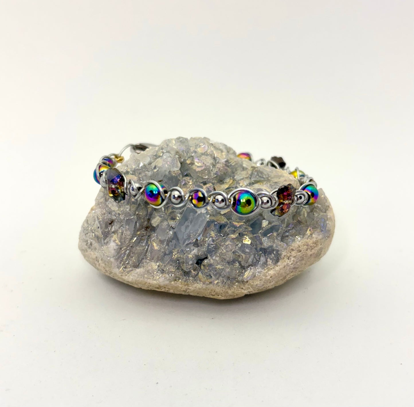 Rainbow Orbit Wire Wrapped Bracelet | Silver Handmade Beaded Jewelry