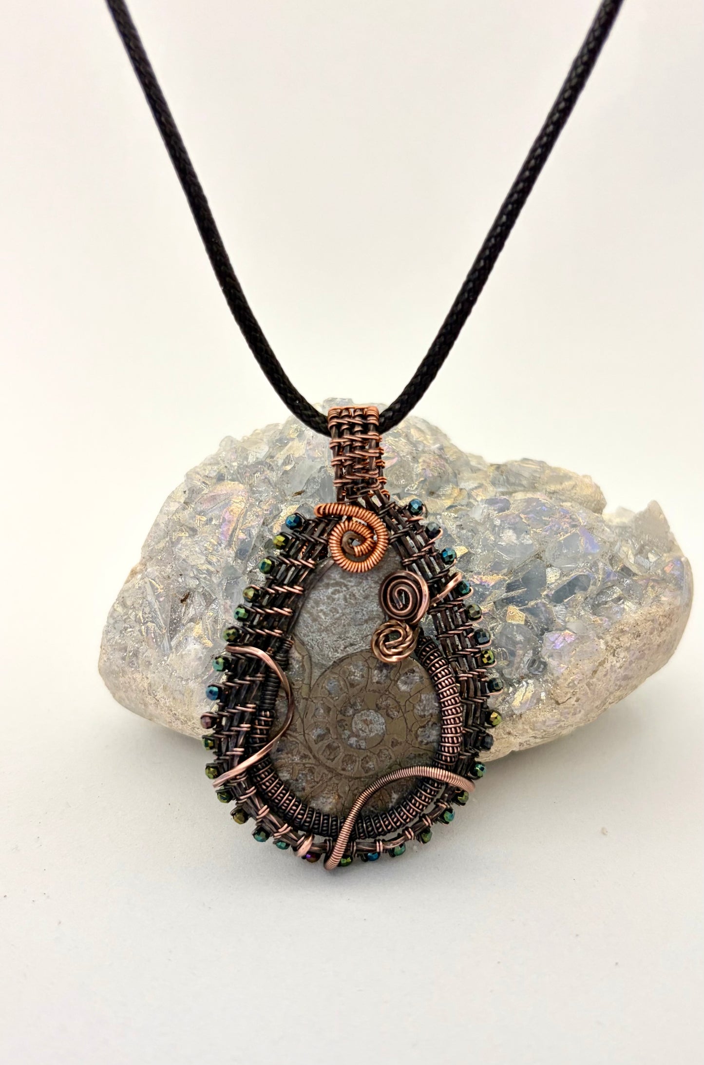 Ammonite Fossil Wire Wrapped Pendant | Copper & Beaded Handmade Necklace