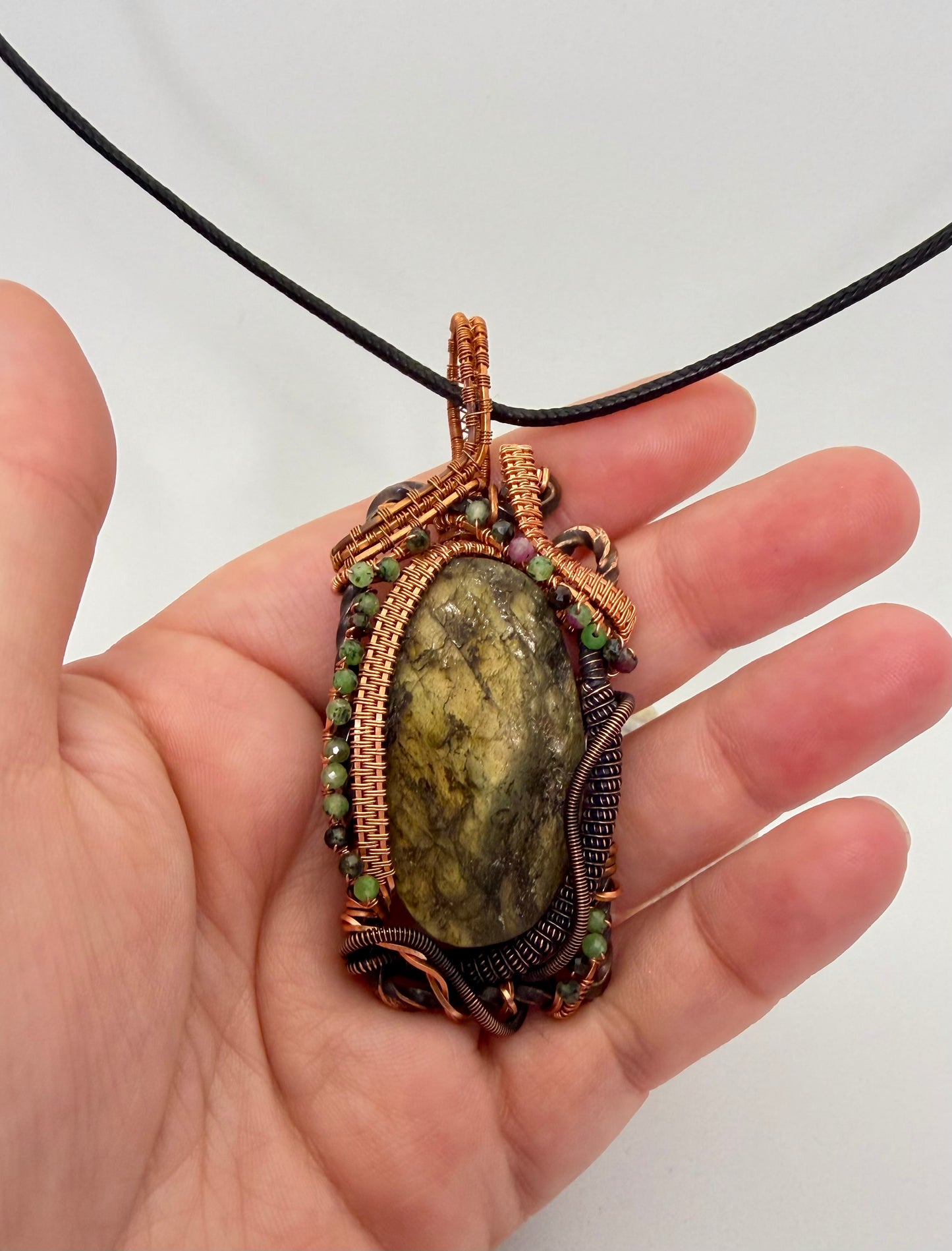 Boho Glow – Labradorite & Copper Wire Wrapped Pendant
