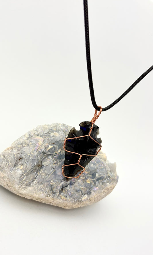 Obsidian Arrowhead Necklace | Copper Wire Wrapped Pendant