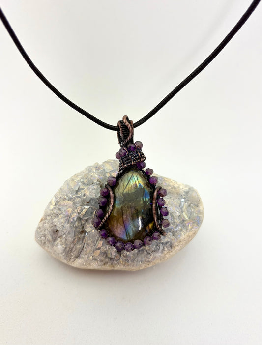 Labradorite & Amethyst Wire Wrapped Pendant | Copper & Crystal Necklace